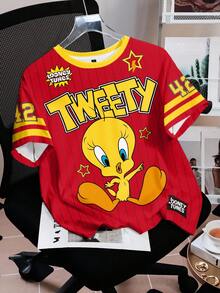LOONEY TUNES X SHEIN 女士休闲时尚街头可爱卡通字母条纹印花短袖T恤，夏季 - 白色 - 查看 3