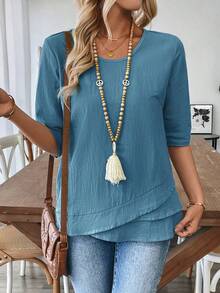 EMERY ROSE Women's V-Neck Hem Patchwork White Blouse,Summer Top - Teal Blue - View 5