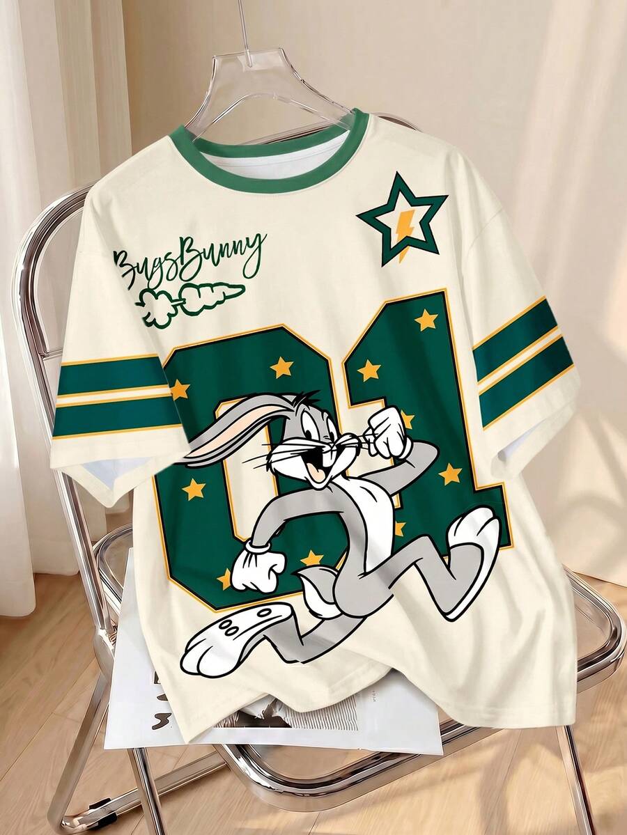 LOONEY TUNES X SHEIN 男士休闲日常通勤时尚街头运动趣味卡通兔子、数字、星星印花宽松短袖T恤,夏季 - 白色 - 查看 1