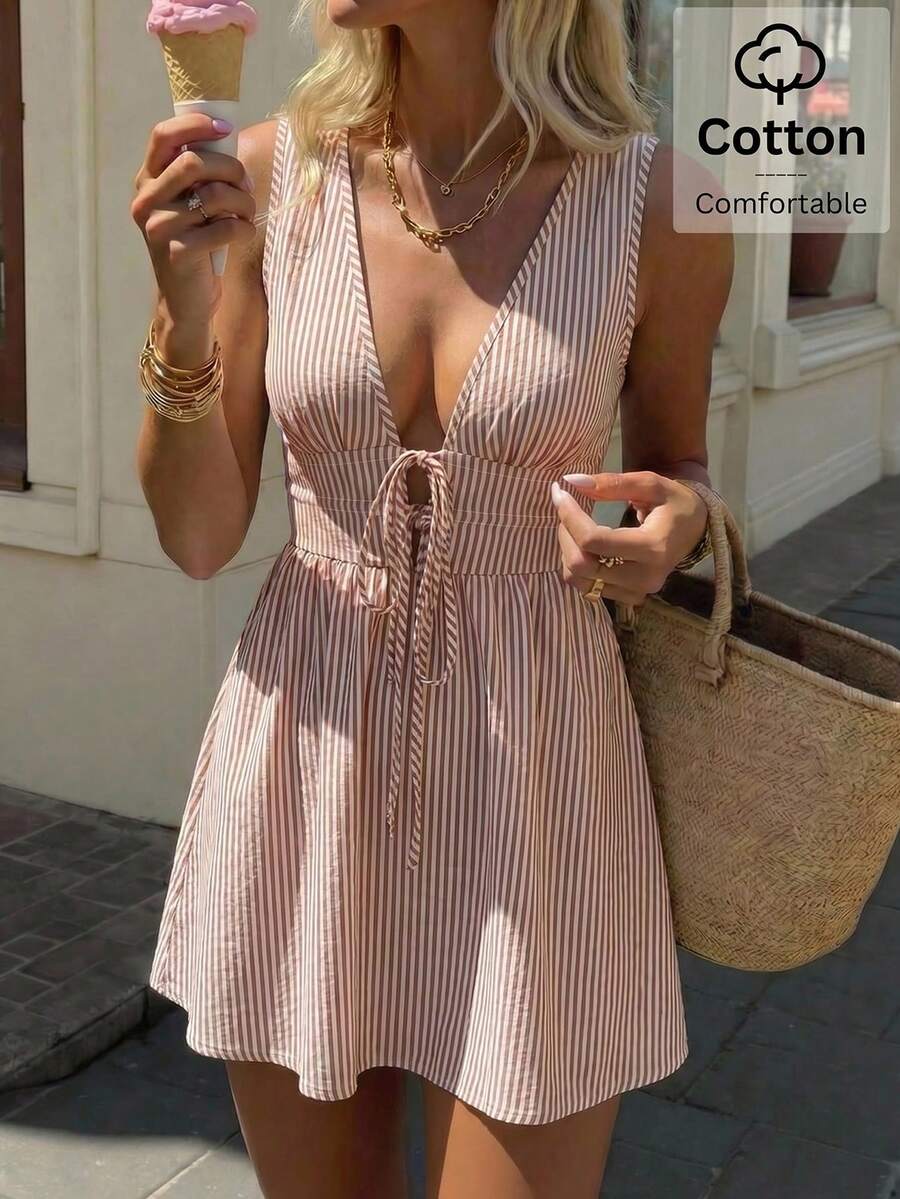 SHEIN EZwear 棕色梭织无袖条纹迷你连衣裙(女款) - 棕色 - 查看 1