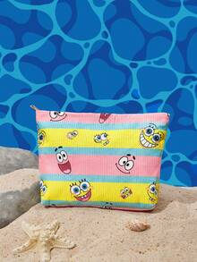 SpongeBob SquarePants | SHEIN 1個卡通印花燈芯絨拉鍊化妝包，輕巧多功能內襯化妝收納袋 - 條紋 - 查看 2