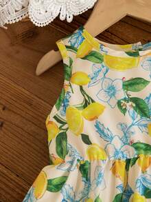 SHEIN Baby Girl Summer Island Vacation Fresh Resort Style Lemon Print Sleeveless Dress, High Waist A-Line Sleeveless Skirt, Natural Waist Pleats, Flared Hem - Yellow - View 7
