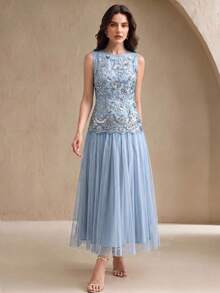 Anewsta Women's Elegant Light Blue Sleeveless Mesh Sequin Floral Embroidery Contrast Mesh A-Line Dress - Baby Blue - View 3