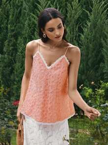 VOLUPTÉ CURVE Plus Size Spring/Summer Pink Floral Lace V-Neck Camisole Top With 3D Texture Ruffle Hem, Sweet Style For Vacation, Date, Birthday Party, Brunch - Dusty Pink - View 7