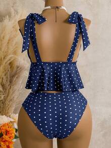 Swim Mod Women's 2-Piece Summer Beach Swimsuit Set, Brown Plaid Print Thick Strap Tie Top With Double Side Ruched Drawstring Bikini Bottoms - Navy Blue - View 5