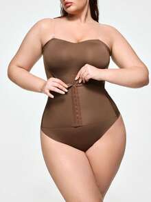 SHAPORA Plus Size Women's Shapewear Bodysuit, Waist & Abdomen Slimming, Bust Enhancing, Front Closure, Double Compression, Butt Lifting, Suitable For Outerwear, Single Piece - Brown - View 3