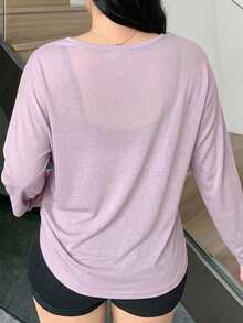 Dazy Plus Camiseta de manga larga con cuello redondo grande y abertura frontal parcial, unicolor, primavera/verano - Púrpura malva - Ver 4