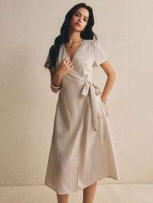 Poéselle Women's Striped Side Waist Tie Short Sleeve Casual Dress - Apricot - View 3