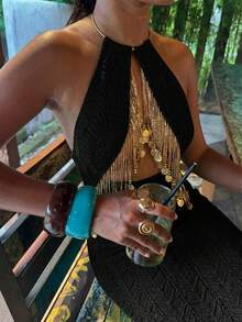 Firerie 女款夏季優雅浪漫精緻性感辣妹海灘度假音樂節派對亮片流蘇鏤空透視金屬掛脖露背深綠色修身長版毛衣洋裝 - 黑色 - 查看 2