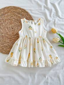 SHEIN Vintaside Kids 女嬰3個月-3歲洋裝，1件休閒可愛日常風格秋季女童套裝，棕色蝴蝶結裝飾無袖蓬蓬洋裝 - 黃色 - 查看 2
