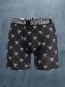 SUPERMAN X SHEIN سراويل بوكسر قصيرة مطبوعة بتصميم عصري للرجال - الأسود - مشاهدة 1