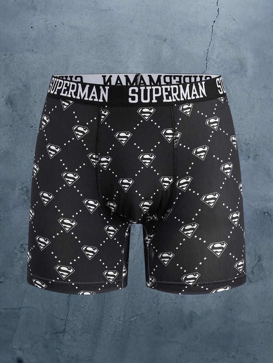 SUPERMAN X SHEIN سراويل بوكسر قصيرة مطبوعة بتصميم عصري للرجال - الأسود - مشاهدة 1