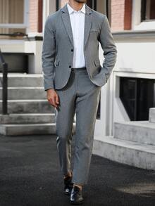 Manfinity Mode Men's Solid Color Patchwork Button Front Long Sleeve Blazer And Pants Set, Men's Solid Color Relaxed Lapel Blazer And Bias Pocket Pants Set Formal, Ceremony - Dark Grey - View 5