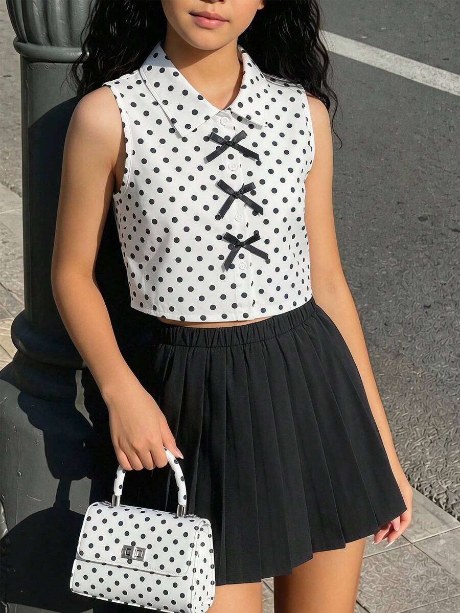 SHEIN 青少年女孩波點無袖上衣套裝,夏季領結上衣 & 黑色百褶裙,學院風 2 件式少女套裝 - 黑色 - 查看 1