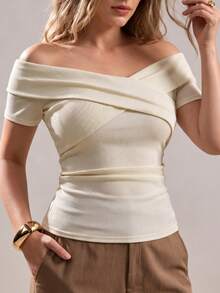 SHEIN Privé Camiseta casual elegante con diseño cruzado para mujer talla grande, primavera/verano - Albaricoque - Ver 3