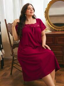 Côtesoire Comfortable Knitted Ribbed Casual Home Lace Patchwork Minimalist Long Loose Plus Size Nightgown - Burgundy - View 6