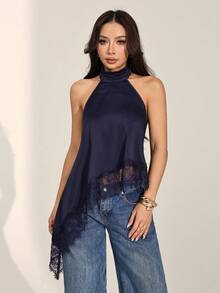SHEIN PETITE 女款夏季性感不對稱下擺蕾絲飾邊露背掛脖上衣 - 藏蓝色 - 查看 10