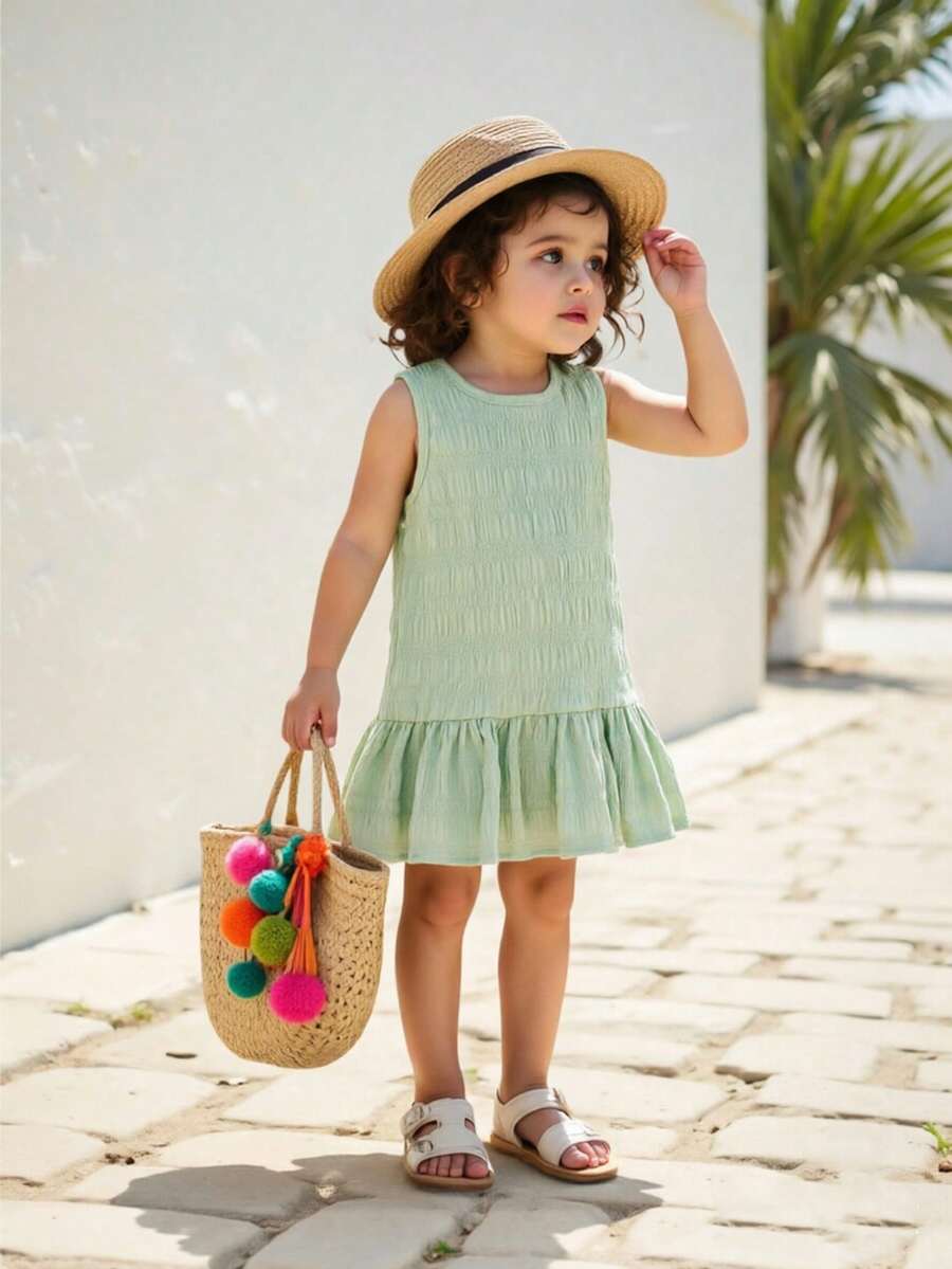 SHEIN Playful Pals 女嬰荷葉邊飾無袖背心上衣素色洋裝,簡約休閒夏季舒適百搭公主裙,適合外出或疊穿 - 綠色 - 查看 1
