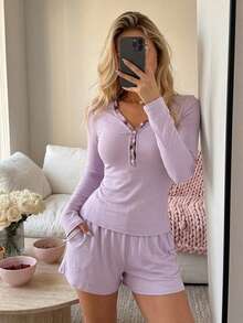 DAZY Women's Casual Comfortable Long Sleeve Top And Loungewear Set Pajamas - Purple - View 9