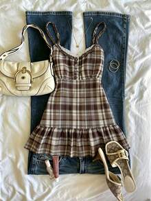 IslaSuriya Women's Plaid Lace Patchwork Cinched Waist Button Decor Ruffle Hem Camisole Top - Khaki - View 3
