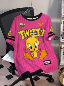 LOONEY TUNES X SHEIN 大码夏季休闲条纹卡通图案短袖T恤 - 白色 - 查看 3
