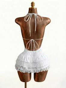 Zestiva Women's Lace Patchwork Solid Color Halter Backless Jumpsuit , Summer Outfits , Summer Tops , Summer Clothes, Wedding Guest Party Dress White - White - View 2