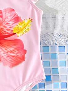 SHEIN 女嬰花卉印花圓領荷葉袖可愛泳衣 - 粉色 - 查看 4