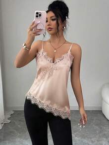Camiseta de mujer de estilo francés elegante con contraste de color y encaje, con bajo asimétrico - Rosa vieja - Ver 5