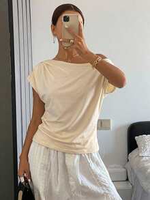 DAZY Striped Off-Shoulder Ruched Bodycon Short Sleeve T-Shirt For Women Summer - Yellow - View 6