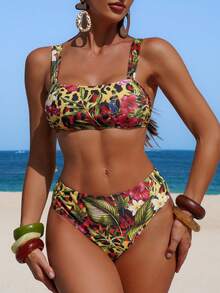 Swim Vcay 2026 Spring/Summer New Leopard Print Floral Pattern Women's Swimwear Set, Sexy Tropical Casual Style Bikini, Rock Y2K Beach Vacation Outfit Yellow - Multicolor - View 8