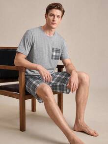 EverLounge 男士格紋口袋短袖T恤與短褲家居服套裝 - 淺灰色 - 查看 3