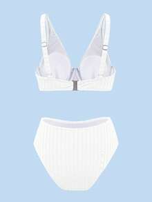 Swim DD+ 女款性感聚攏鋼圈時尚紋理面料 DD+ 皇家藍高腰 2 件組夏季比基尼套裝 - 白色 - 查看 3