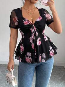 Elenzga Plus Size Versatile Premium Mesh Digital Floral Print T-Shirt - Multicolor - View 3