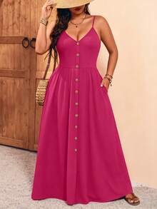 Breezaya Plus Size Women's Solid Color Button Design Pocket Casual Strap Dress For Vacation - Hot Pink - View 3