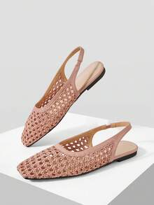 Mnmlis Women's New Fashion Woven Hollow Slip-On Flat Square Toe Loafers - Pink 1 - View 1