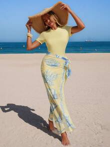 Swim Mulvari Women's Summer Beach Starfish And Seashell Print Round Neck Short Sleeve Side Slit Burkini - Yellow - View 5