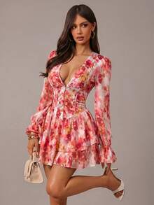 Radiana Women's Sexy Elegant Romantic Floral V-Neck Fitted Bustier Dress, Cinched Waist Ultra Short Mini Dress, Multi-Layer Ruffle Dress, V-Waist Mini Cake Skirt, Puffy Princess Dress, Flowy Chiffon Dress, Valentine's Day Date Dress, Suitable For Night, Date, Party, Cocktail Party, Ball, Concert, Birthday, Wedding, Carnival, Party, Nightclub, Club, Music Festival, Island Vacation, Afternoon Tea, Spring Dress - Multicolor - View 1