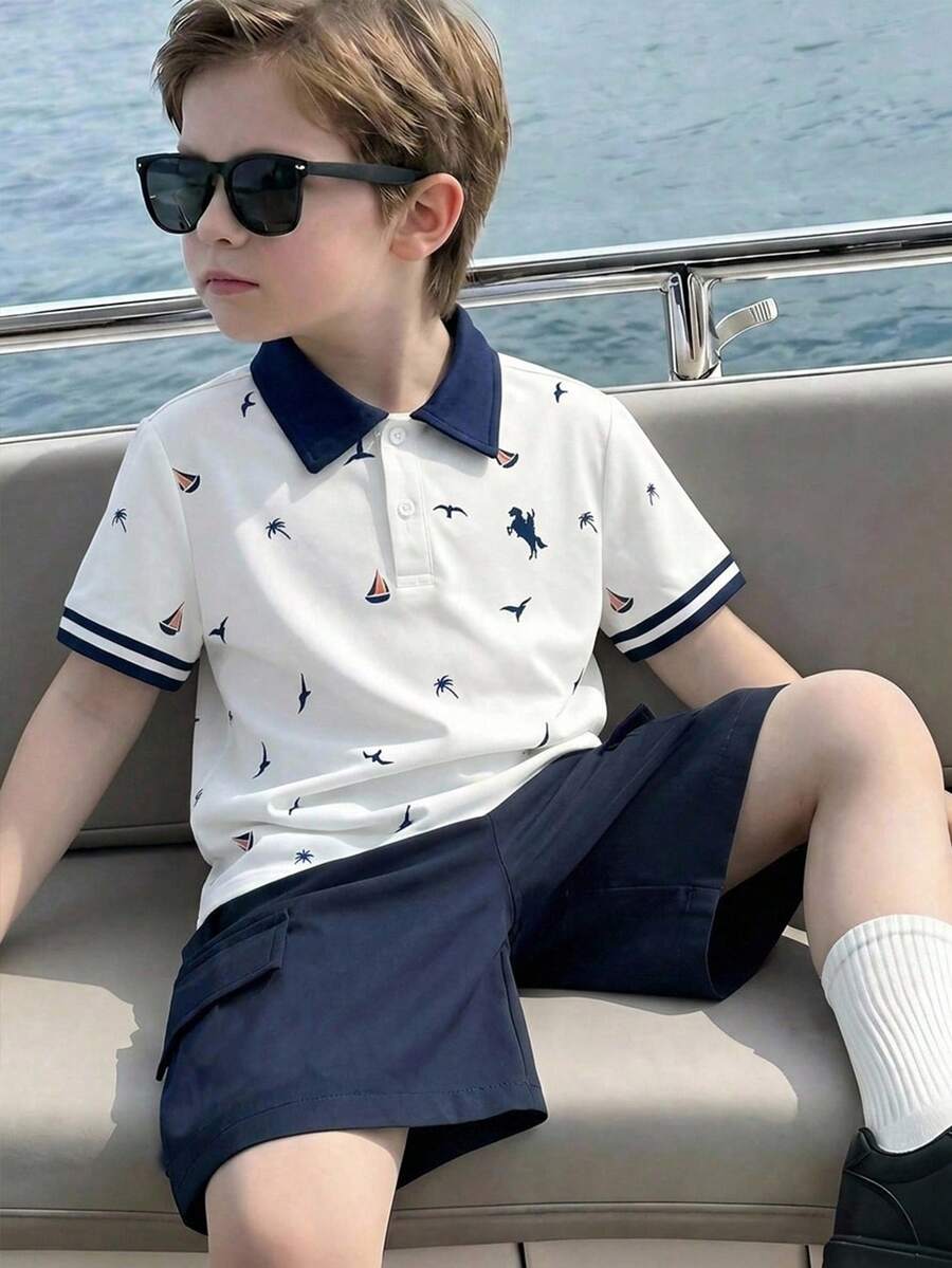 SHEIN 1件小男孩休閒運動學院風復古紋理布料短袖 Polo 衫，適合兒童返校、生日派對、晚會、表演、婚禮、洗禮、開學典禮，適合中東風格，適合日常穿著、上學、旅行、運動，適合春夏季節
