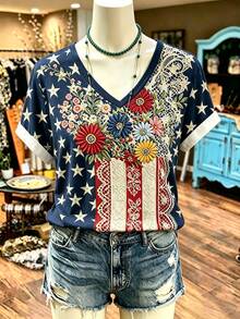 Resyla 波希米亞風拼色仿拼接刺繡星星與花卉印花短袖上衣，女款夏季休閒度假V領半袖襯衫 - 彩色 - 查看 3