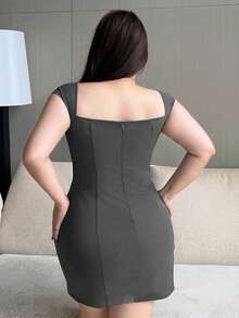 Dazy Plus Solid Color Stretch Bodycon Fun Commuter Sexy Minimalist Sexy Square Neck Cap Sleeve Plus Size Women Spring Summer Mini Dress Cocktail Rave Black - Grey - View 2