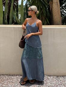 Livesso Damen Sommer V-Ausschnitt Blau Spitze Patchwork mehrlagig gerafft locker Bohemian Urlaubs-Kleid - Grau - Übersicht 1