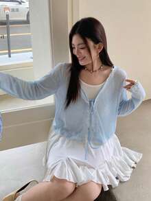 Dazy Plus 大尺碼女款蕾絲拼接抽繩綁帶長袖短版藍色開襟外套 春夏上衣 - 淺藍色 - 查看 2