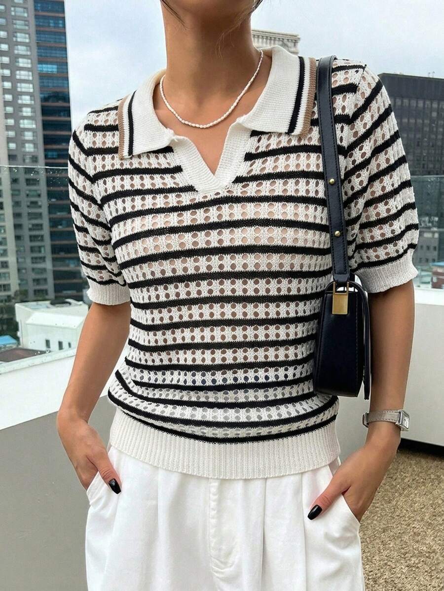 DAZY 條紋POLO領短袖休閒春夏女款針織上衣 - 黑色 - 查看 1