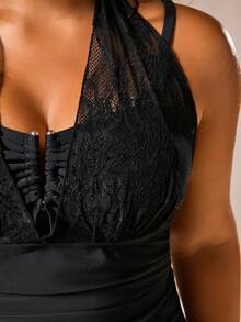 SHEIN Privé Plus Size Women's Summer Beach Party Solid Color Ruched Fashion Halter Neck Tankini Set Bathing Suits Sexy Elegant Black - Black - View 8