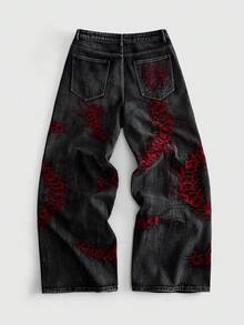 ROMWE MEN Casual 男士深色哥德風刺繡直筒長褲 - 深灰色 - 查看 2
