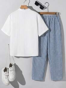 SHEIN Kids Tween Boy Woven Solid Color Casual Shirt And Striped Long Pants 2-Piece Set, Suitable For Outings, Play, Vacation, Street Style, Party, City Walk - Multicolor - View 2