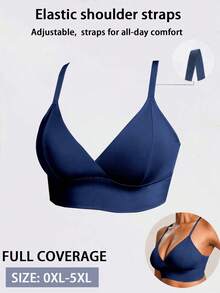 SHEIN Plus Size Women's Solid Color Casual Everyday Adjustable Strap Bra - Navy Blue - View 5
