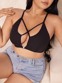 SHEIN 大码女士交叉镂空文胸和无钢圈文胸 - 黑色 - 查看 3