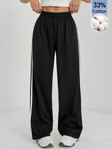 SHEIN PETITE 休閒黑色側條紋長褲 棉混紡舒適 - 黑色 - 查看 6