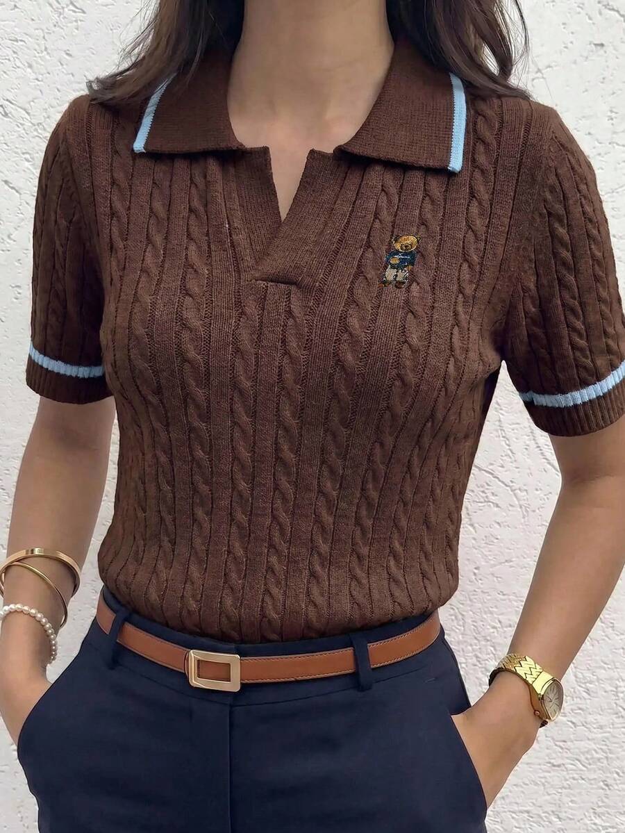 Briarwyn Women's Cartoon Bear Pattern Short Sleeve Casual Knit Top - Brown - View 1